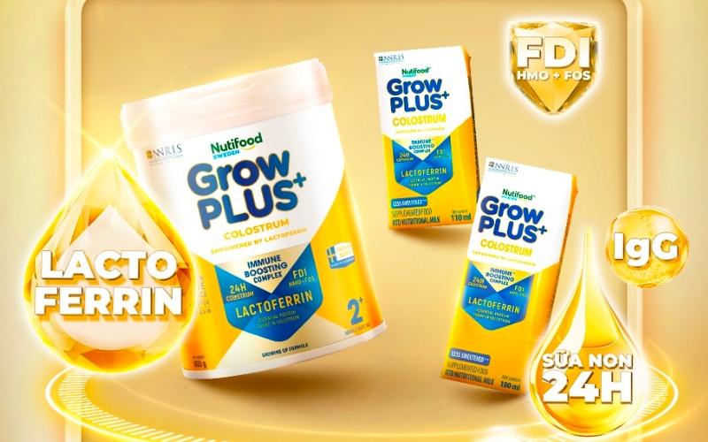 Nutifood GrowPLUS+ Colostrum Lactoferrin với công thức PHỨC HỢP TĂNG ĐỀ KHÁNG kết hợp của Sữa non 24h với Lactoferrin và công thức FDI. (Nguồn: Nutifood Thụy Điển)