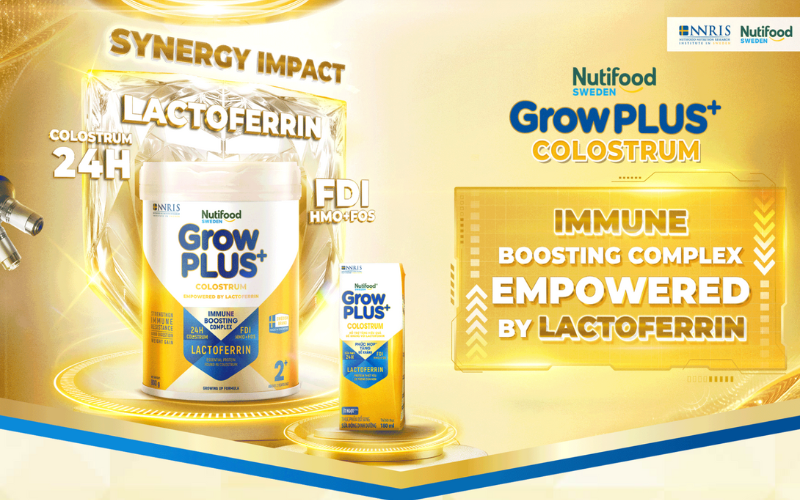 GrowPLUS+ Colostrum Lactoferrin kết hợp Lactoferrin, Sữa non 24h giàu IgG và Công thức FDI, giúp bé khỏe mạnh, hấp thu tốt và ít ốm vặt.