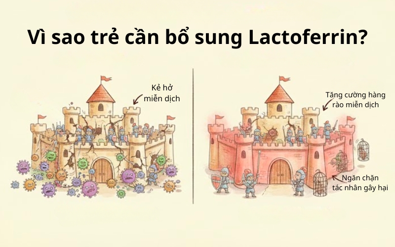 Trẻ cần bổ sung Lactoferrin để tăng cường miễn dịch, bảo vệ khỏi vi khuẩn, hỗ trợ hấp thụ sắt và duy trì sức khỏe đường ruột.