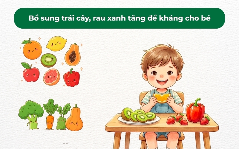 Các loại trái cây và rau xanh giúp trẻ tăng đề kháng, bổ sung dưỡng chất và bảo vệ hệ miễn dịch tự nhiên.