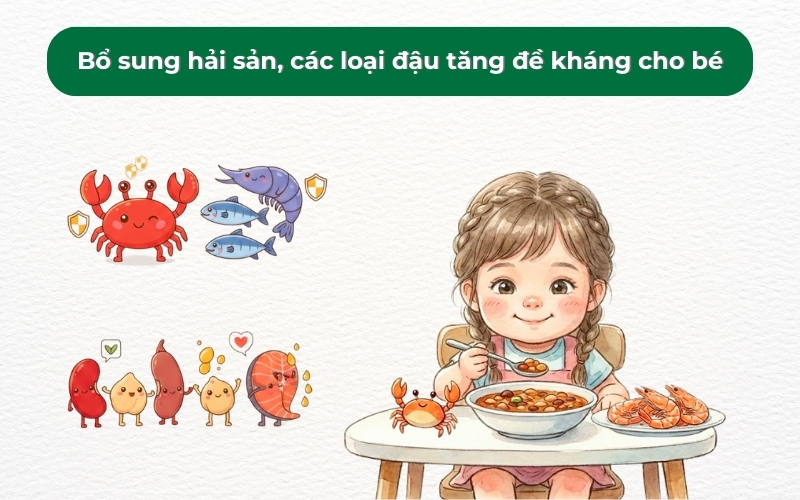 Bổ sung hải sản và đậu giàu kẽm, sắt, vitamin và chất xơ giúp trẻ tăng đề kháng và bảo vệ hệ miễn dịch tự nhiên.