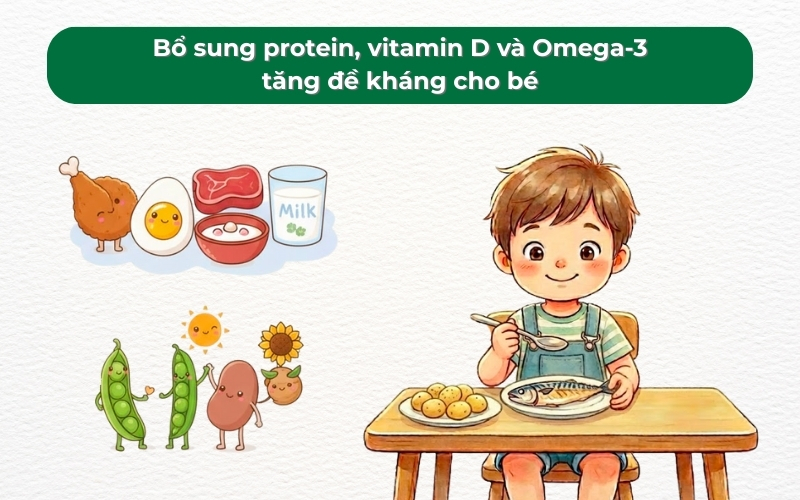 Vitamin D và protein từ cá, trứng, thịt, sữa giúp trẻ tăng đề kháng và phát triển khỏe mạnh.