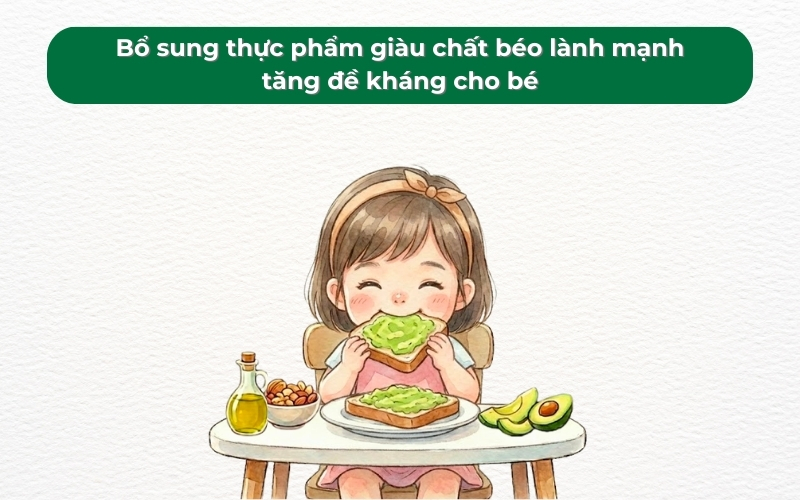 Bổ sung chất béo lành mạnh và Omega-3 từ thực vật, cá giúp ổn định miễn dịch và tăng đề kháng cho trẻ.