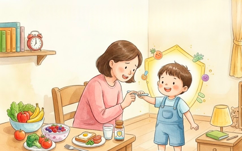 Bổ sung dưỡng chất đầy đủ mỗi ngày giúp tăng sức đề kháng tự nhiên, giảm ốm vặt và giúp bé phát triển khỏe mạnh