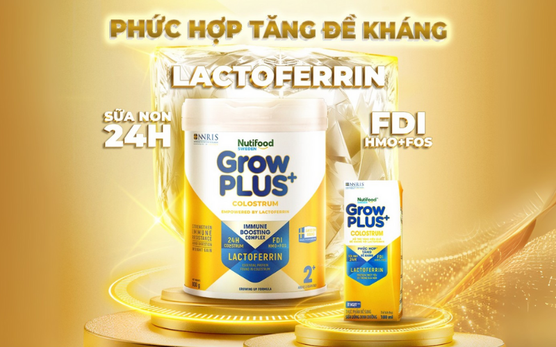 Nutifood GrowPLUS+ Colostrum Lactoferrin với PHỨC HỢP TĂNG ĐỀ KHÁNG gồm Lactoferrin, Sữa non 24H và công thức FDI 