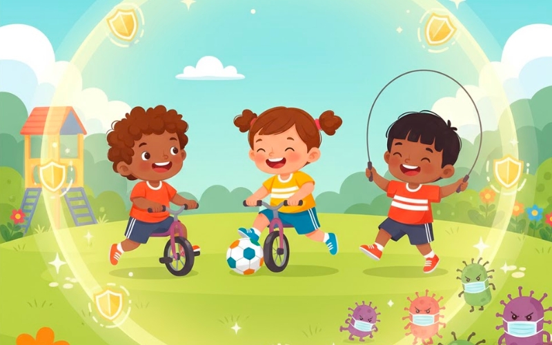 Bố mẹ nên khuyến khích trẻ vận động phù hợp để tăng cường đề kháng tự nhiên.