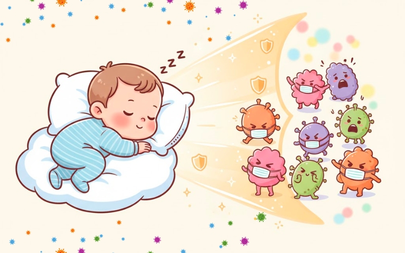 Việc cho trẻ ngủ đủ giấc giúp tăng đề kháng cho bé, hỗ trợ phát triển trí não và thể chất toàn diện.