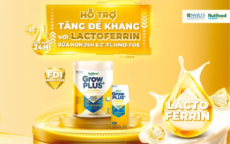 Sữa bột GrowPLUS+ Colostrum Lactoferrin từ Nutifood Sweden với phức hợp tăng đề kháng: Lactoferrin, Sữa non 24h và công thức FDI