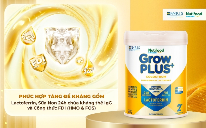 Nutifood GrowPLUS+ Colostrum Lactoferrin với công thức PHỨC HỢP TĂNG ĐỀ KHÁNG gồm Lactoferrin - Sữa Non 24h và Công thức FDI.
