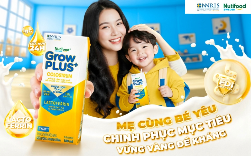 Nutifood GrowPLUS+ Colostrum Lactoferrin với công thức PHỨC HỢP TĂNG ĐỀ KHÁNG kết hợp của công thức FDI, Sữa non 24h với Lactoferrin.