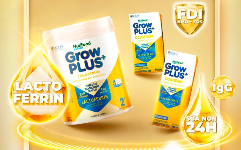 Nutifood GrowPLUS+ Colostrum Lactoferrin với công thức PHỨC HỢP TĂNG ĐỀ KHÁNG kết hợp Sữa non 24h, Lactoferrin và công thức FDI.
