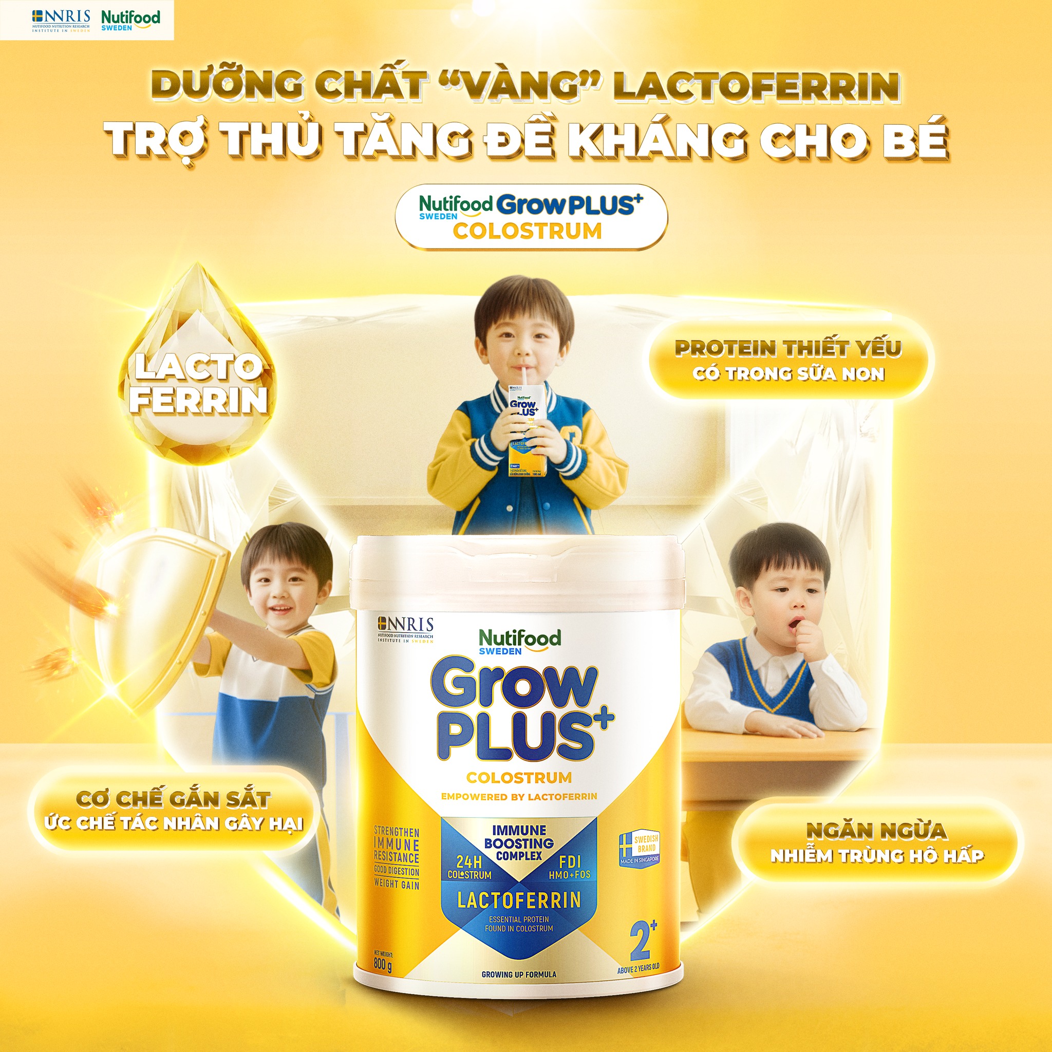 Nutifood GrowPLUS+ Colostrum Lactoferrin với công thức PHỨC HỢP TĂNG ĐỀ KHÁNG kết hợp của Sữa non 24h với Lactoferrin và công thức FDI.