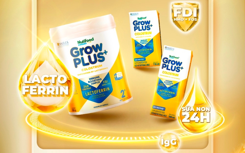 Nutifood GrowPLUS+ Colostrum Lactoferrin với công thức PHỨC HỢP TĂNG ĐỀ KHÁNG kết hợp của Sữa non 24h với Lactoferrin và công thức FDI.